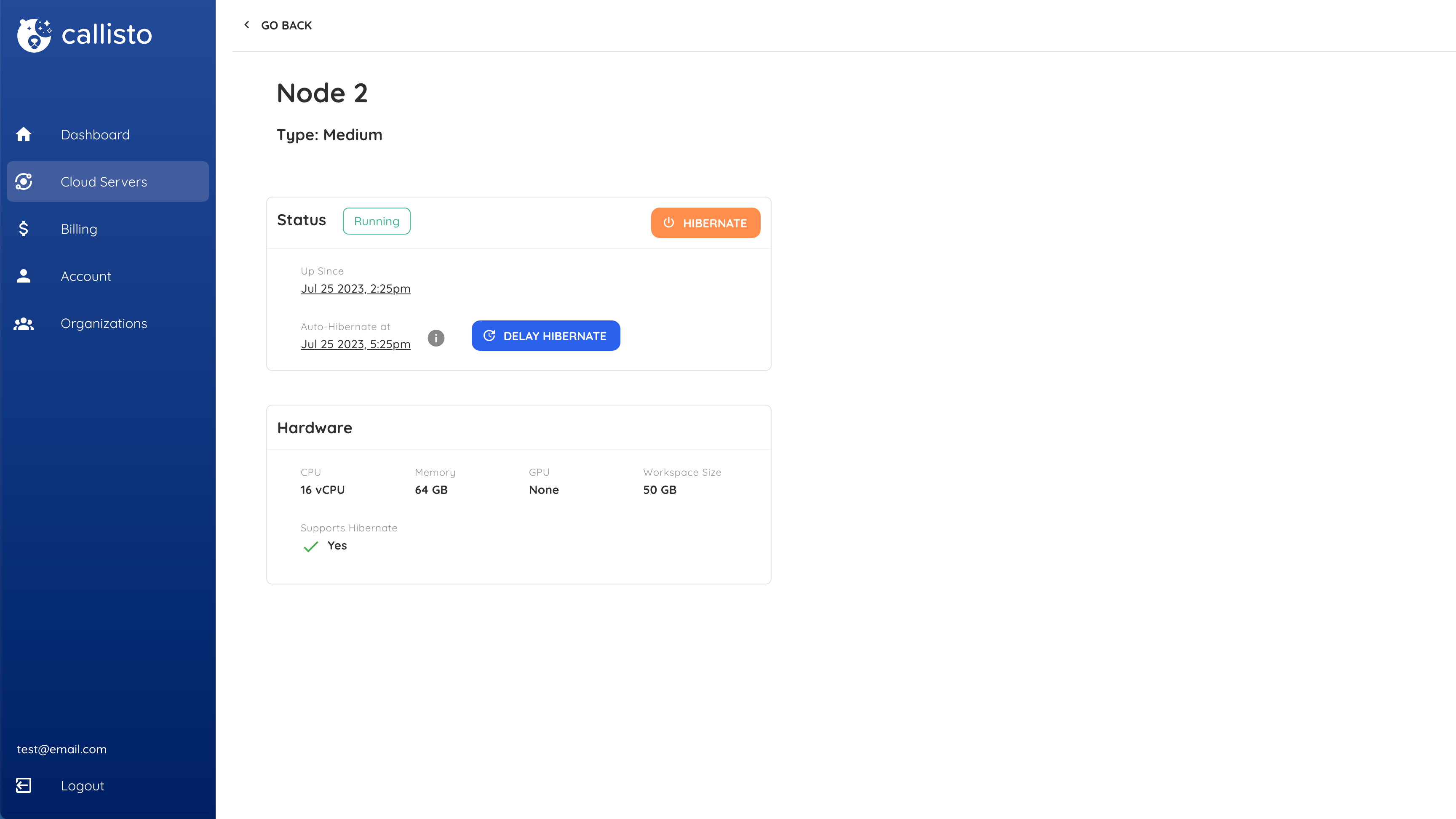 This page shows the status of a remote server created by a user.