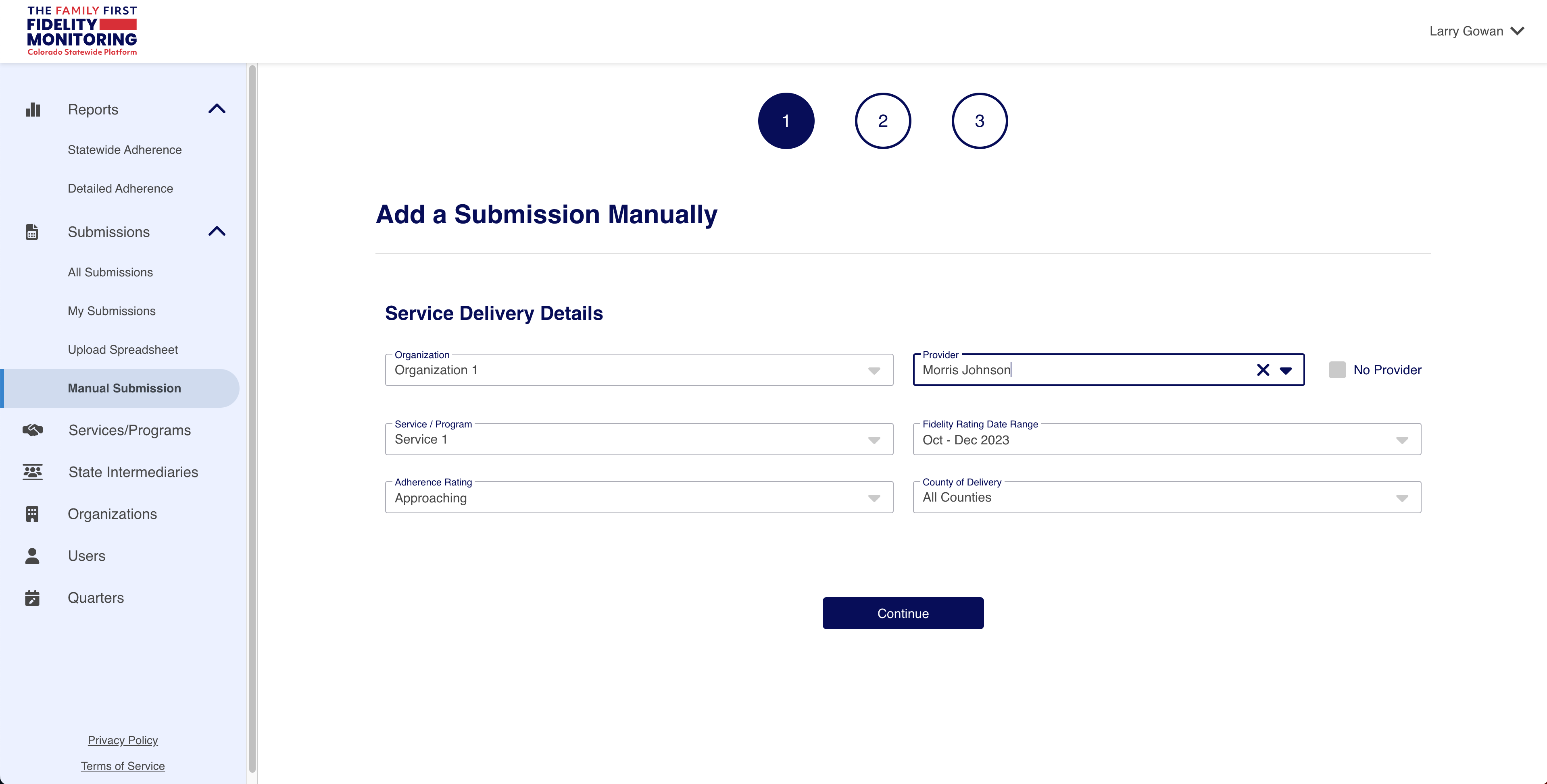 Submission page for users to report their data manually