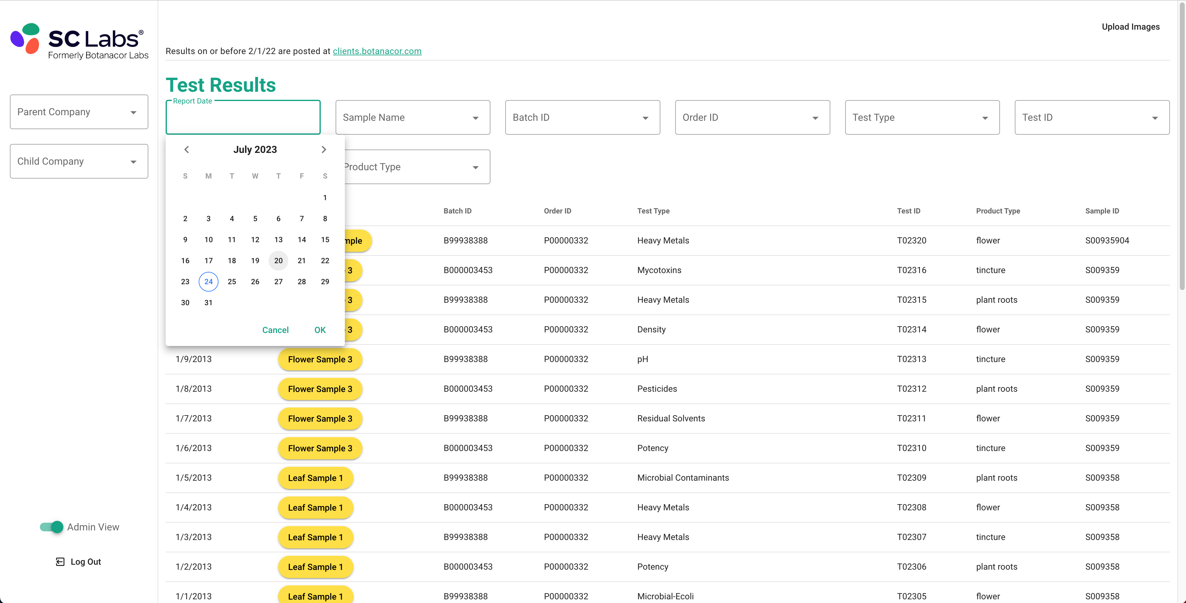 Dashboard, with a date filter selected