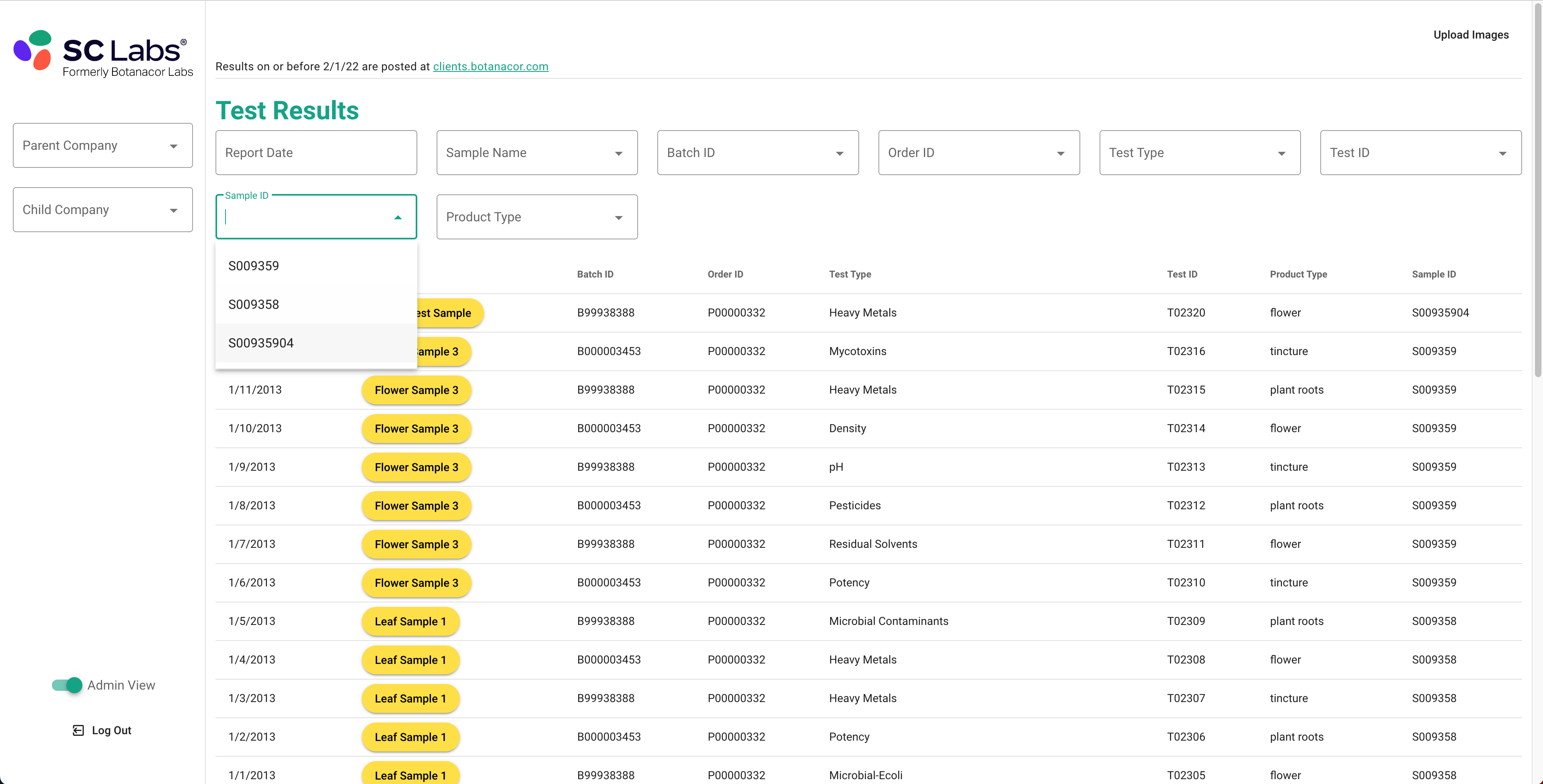 Dashboard, with the Sample ID filter selected