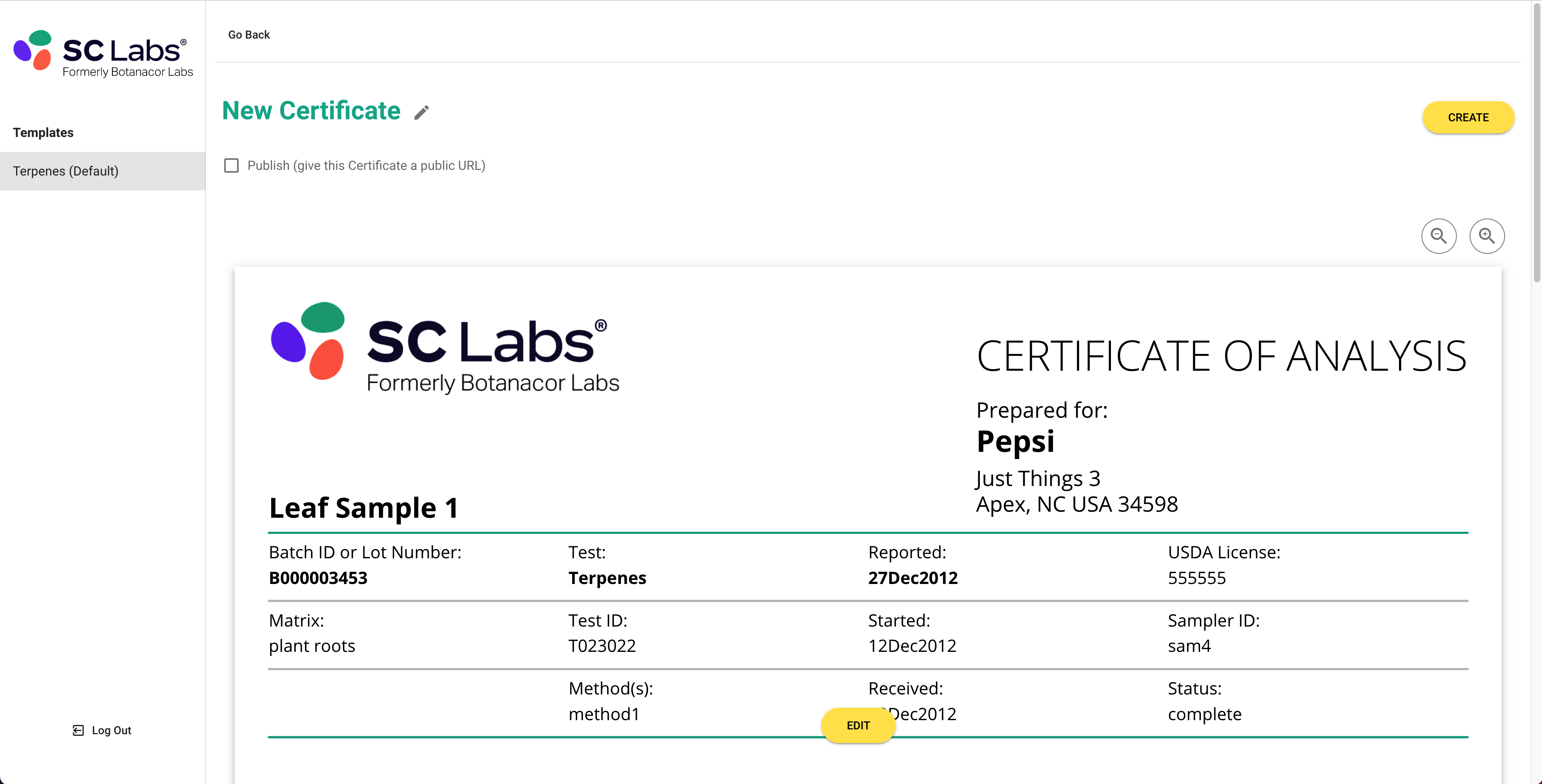 This screen allows the user to generate a PDF certificate 
showing the test results for a sample they submitted.
