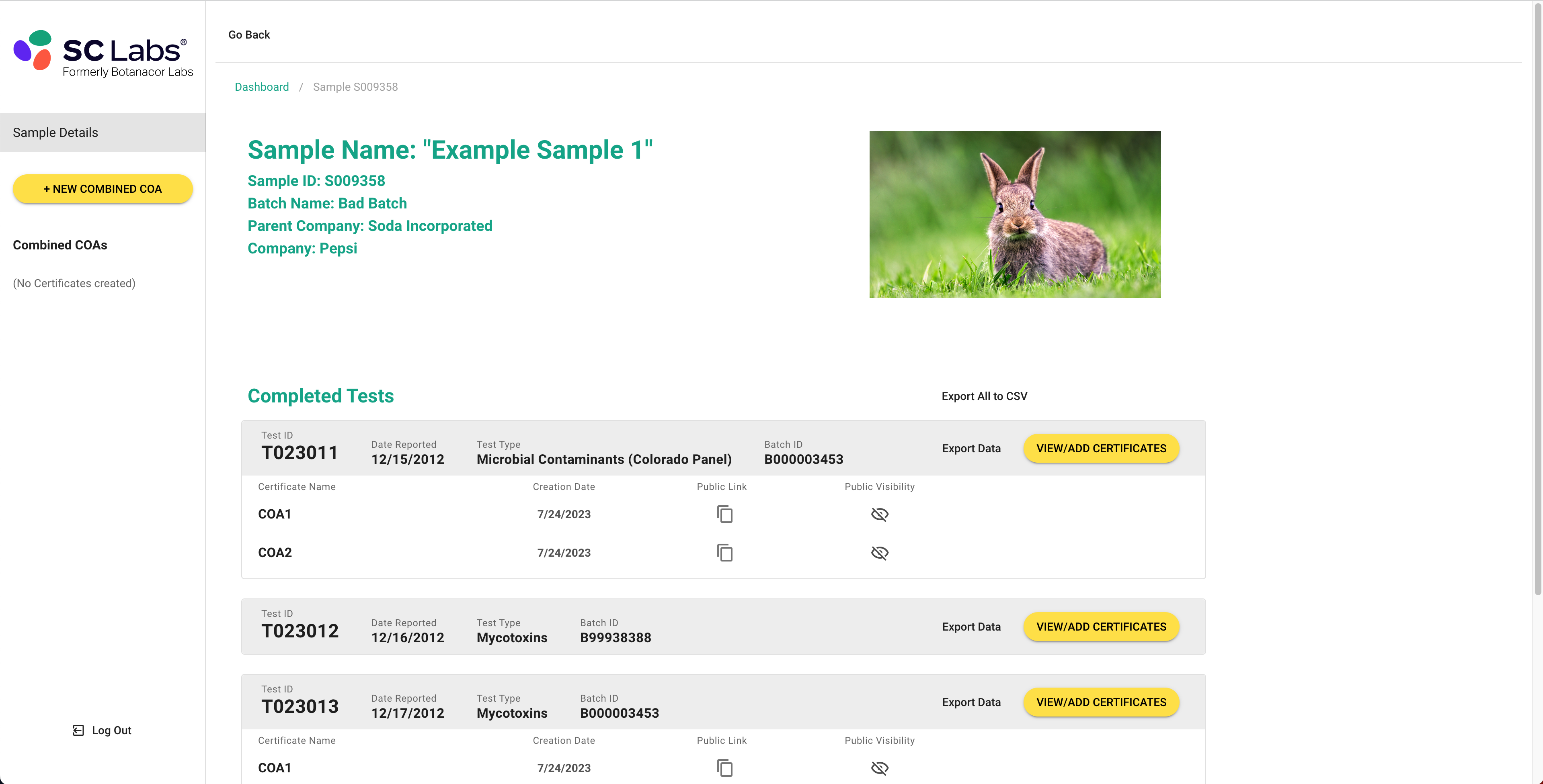 Sample detail page, showing detailed information and the tests run for that sample.